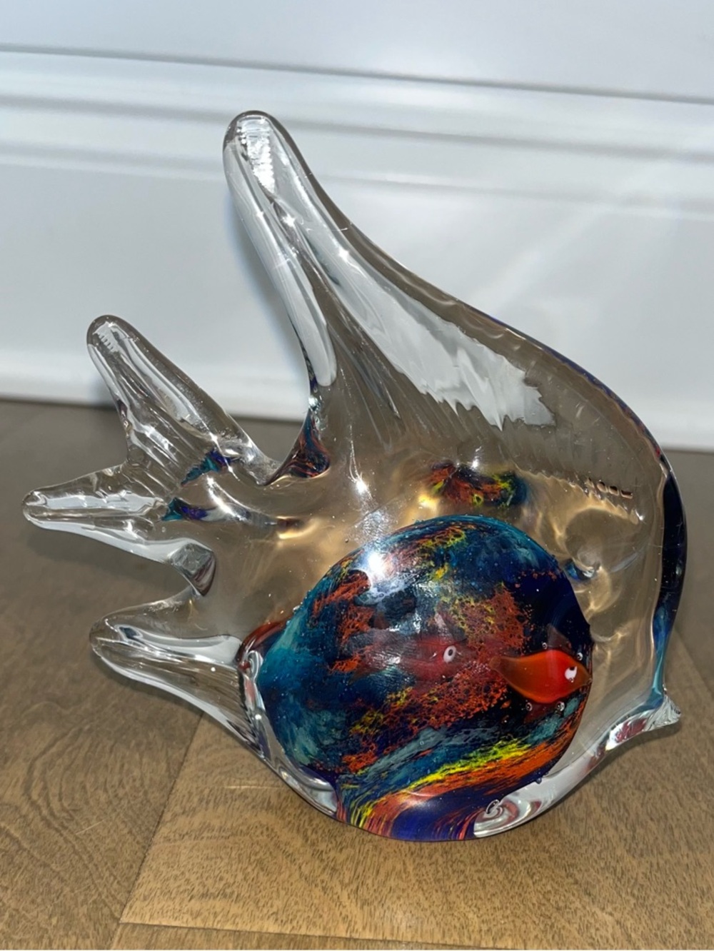 Hand Blown Art Glass Fish Figurine W/ School of Small Fish Inside Multicolored